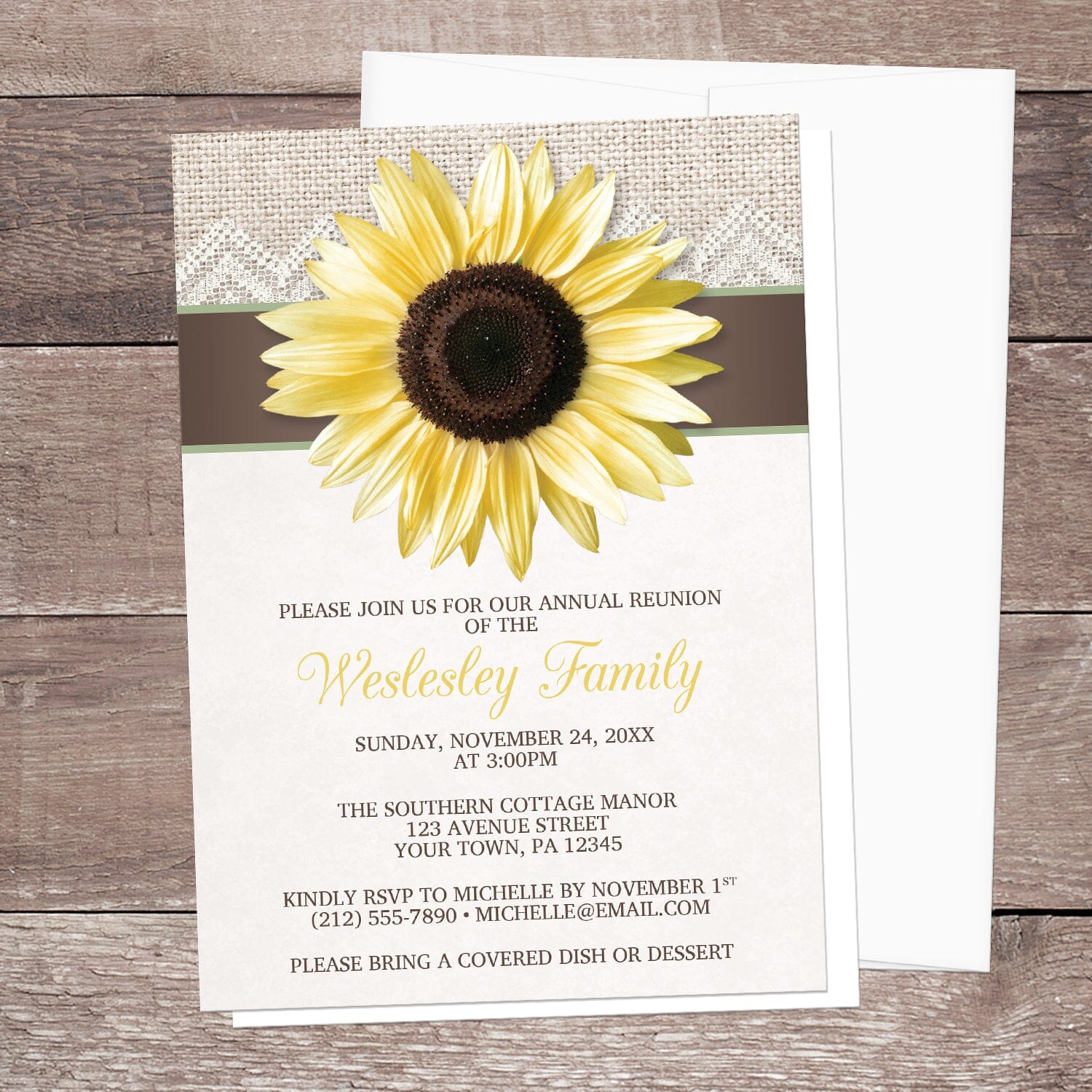 Burlap Lace Brown Sage Sunflower Family Reunion Invitation shown on a brown wood surface a white envelope.