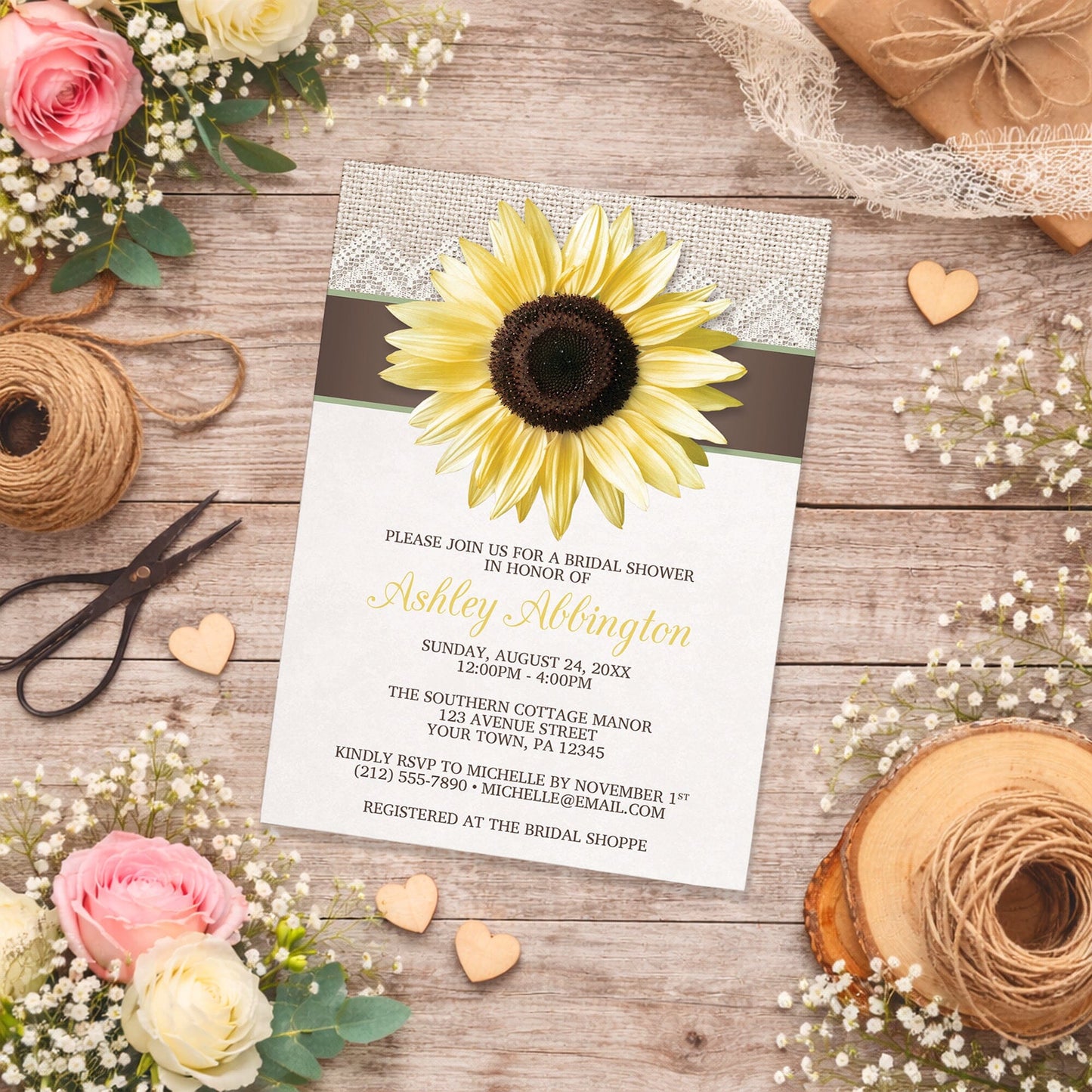 Burlap Lace Brown Sunflower Bridal Shower Invitation on a rustic wooden surface with flowers and twine.