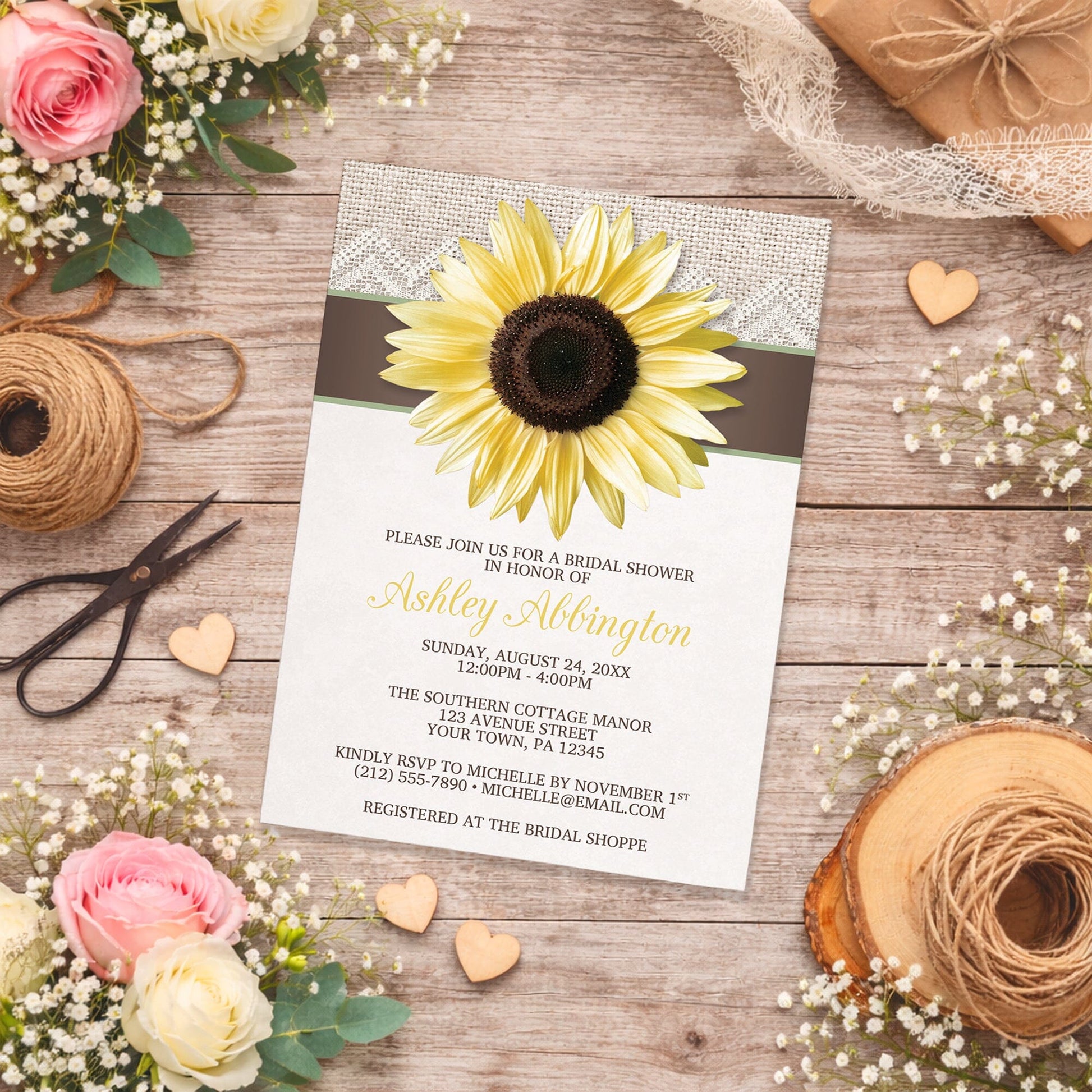 Burlap Lace Brown Sunflower Bridal Shower Invitation on a rustic wooden surface with flowers and twine.