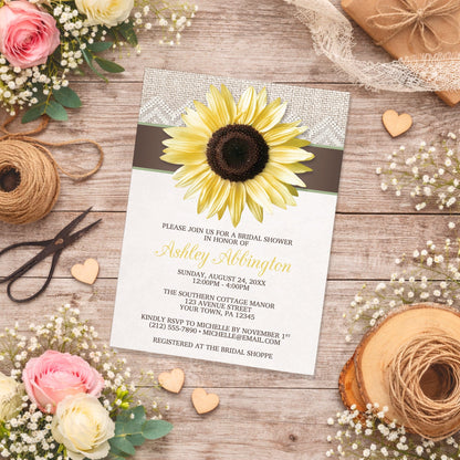 Burlap Lace Brown Sunflower Bridal Shower Invitation on a rustic wooden surface with flowers and twine.