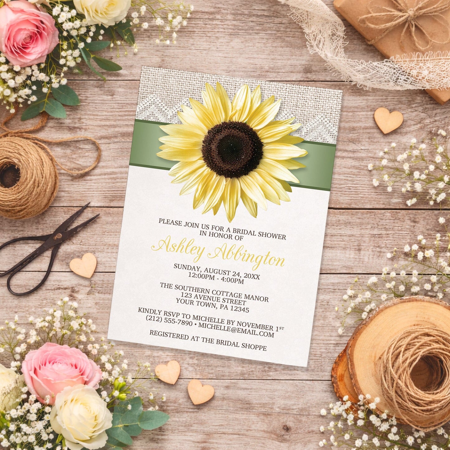 Burlap and Lace Sage Sunflower Bridal Shower Invitation on a rustic wood surface with flowers and twine.