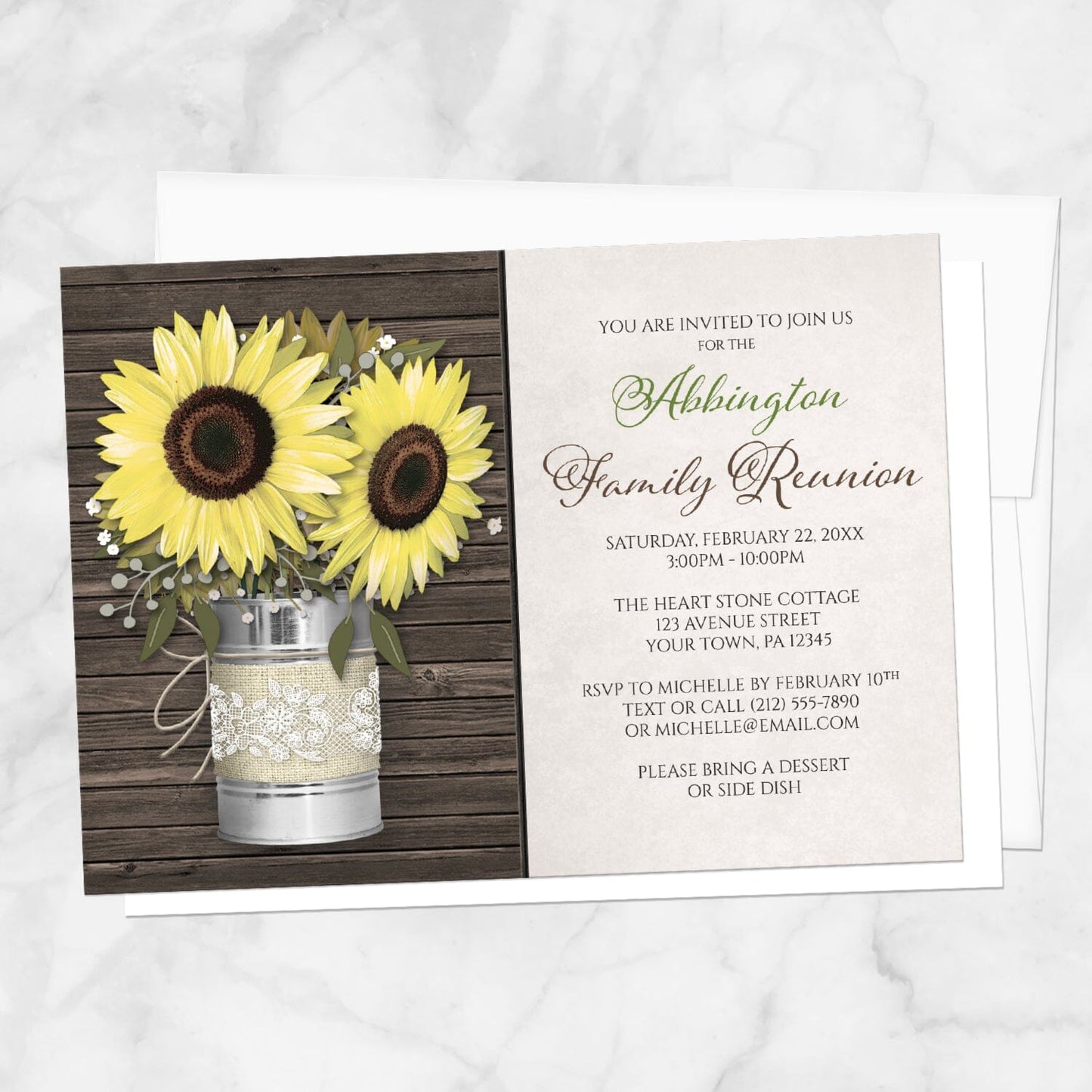 Rustic Burlap and Lace Tin Can Sunflower Family Reunion Invitation shown on a marble surface with a white envelope.