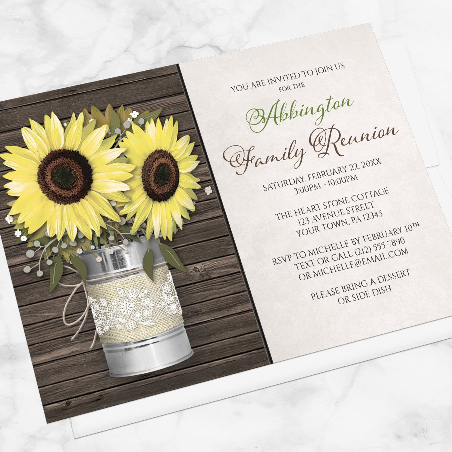 Rustic Burlap and Lace Tin Can Sunflower Family Reunion Invitation shown at an angle on a marble surface with a white envelope.