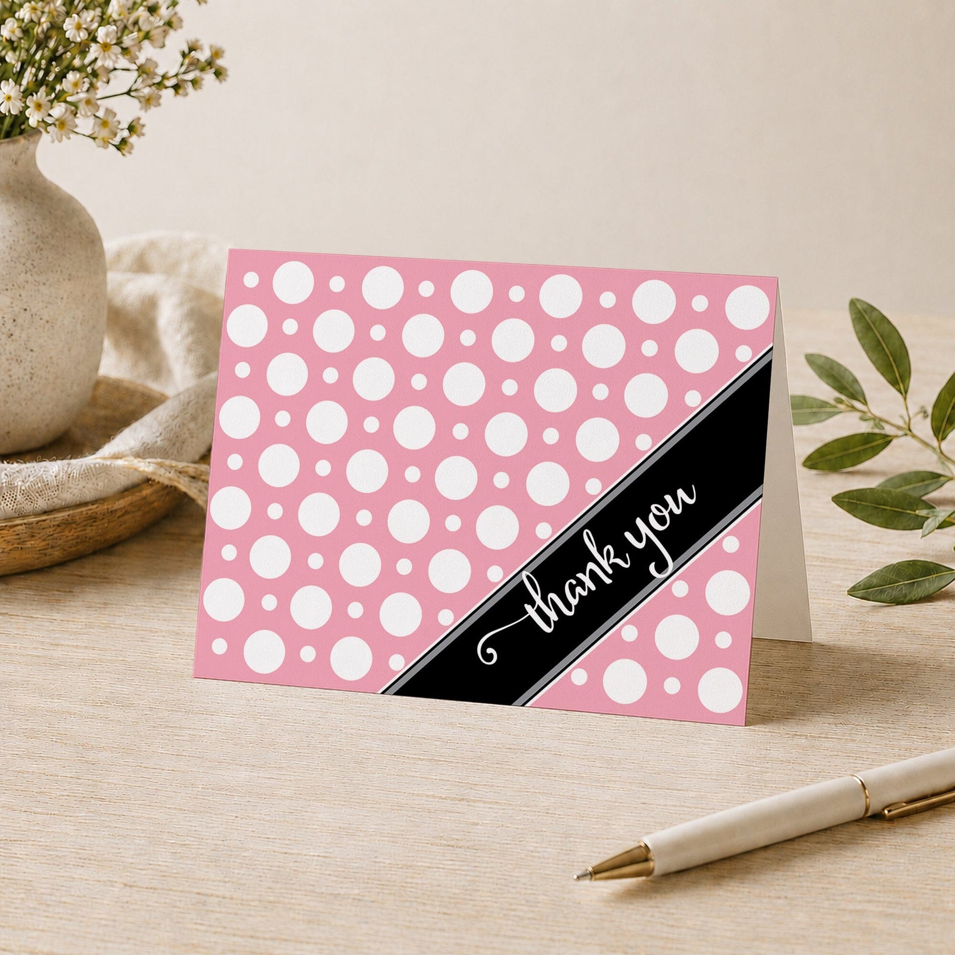 Cafe Pink Polka Dot Thank You Card shown on a desk with a vase, plants, and a pen.