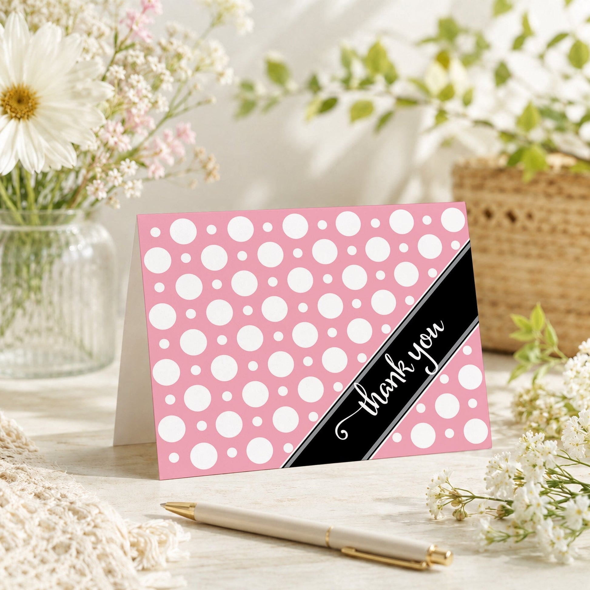 Cafe Pink Polka Dot Thank You Card shown on a tabletop with a vase, spring and summer flowers, and a pen.