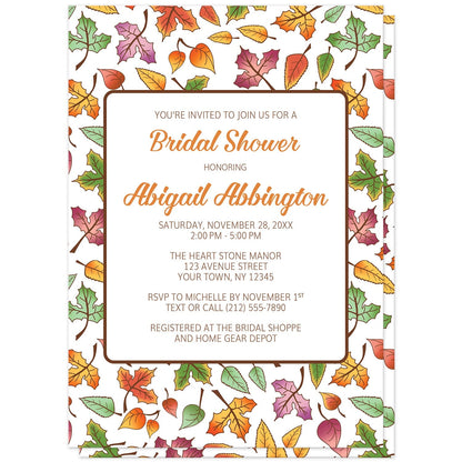Changing Leaves Fall Bridal Shower Invitations at Artistically Invited. Colorful changing leaves fall bridal shower invitations designed with an autumn leaves pattern in green, orange, purple, and yellow. Your personalized bridal shower celebration details are custom printed in orange and brown on white over the pretty changing leaves fall pattern.