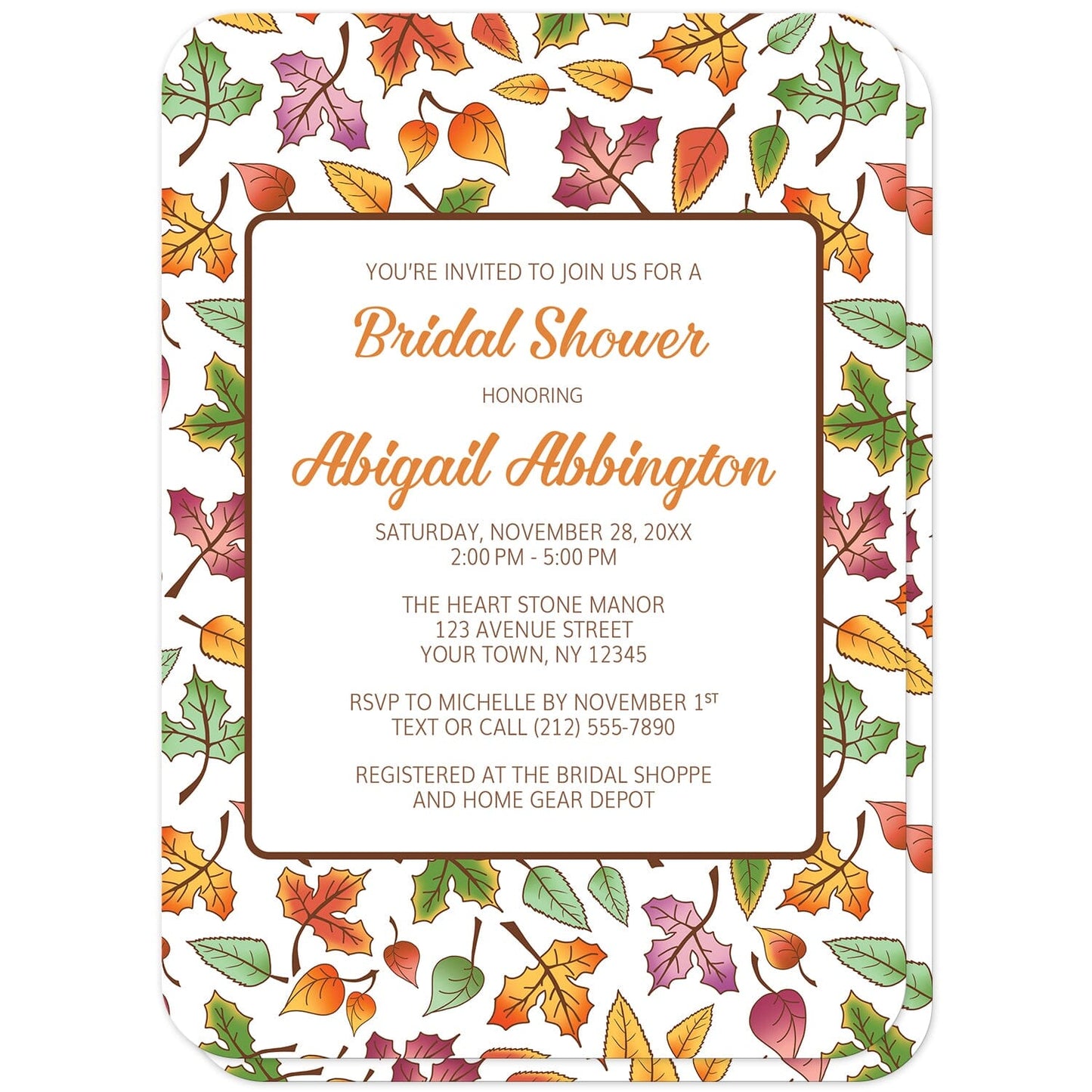 Changing Leaves Fall Bridal Shower Invitations (with rounded corners) at Artistically Invited. Colorful changing leaves fall bridal shower invitations designed with an autumn leaves pattern in green, orange, purple, and yellow. Your personalized bridal shower celebration details are custom printed in orange and brown on white over the pretty changing leaves fall pattern.