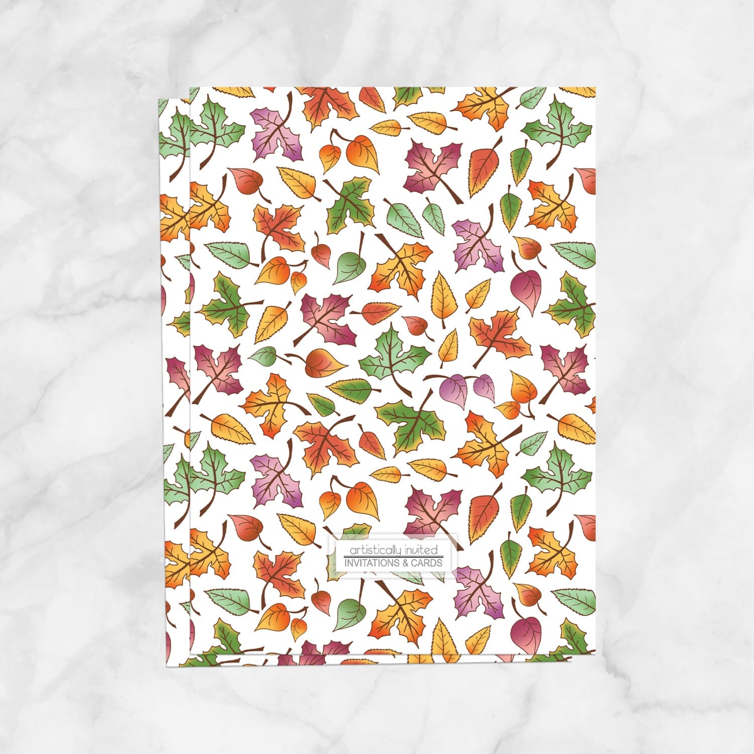 bridal shower invitation backside with a colorful leaf pattern on a white background, for printed orders