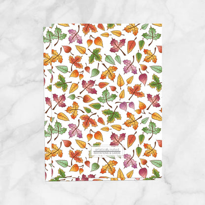bridal shower invitation backside with a colorful leaf pattern on a white background, for printed orders