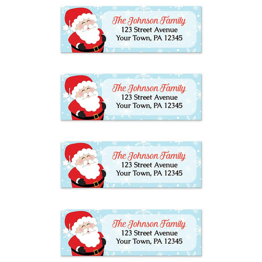 Cheerful Santa Address Labels at Artistically Invited. Cute return address labels illustrated with a cheerful and jolly Santa Claus, holding his belly and laughing, on the left side of the labels over a light blue winter background with white snowflakes. Your personalized return address is custom printed in red and black to the right of the cute Santa Claus over a lighter rectangular area of the light blue background. Image of 4 labels.