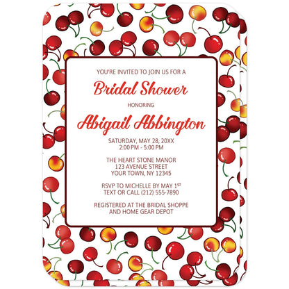 Cherries Bridal Shower Invitations (with rounded corners) at Artistically Invited. Cherries Bridal Shower Invitations designed with an illustrated fruit-inspired pattern background with different types of cherries. Your personalized bridal shower celebration details are custom printed in two shades of red on white over the cherries pattern. This fun cherry pattern is also printed on the back side of the invites.