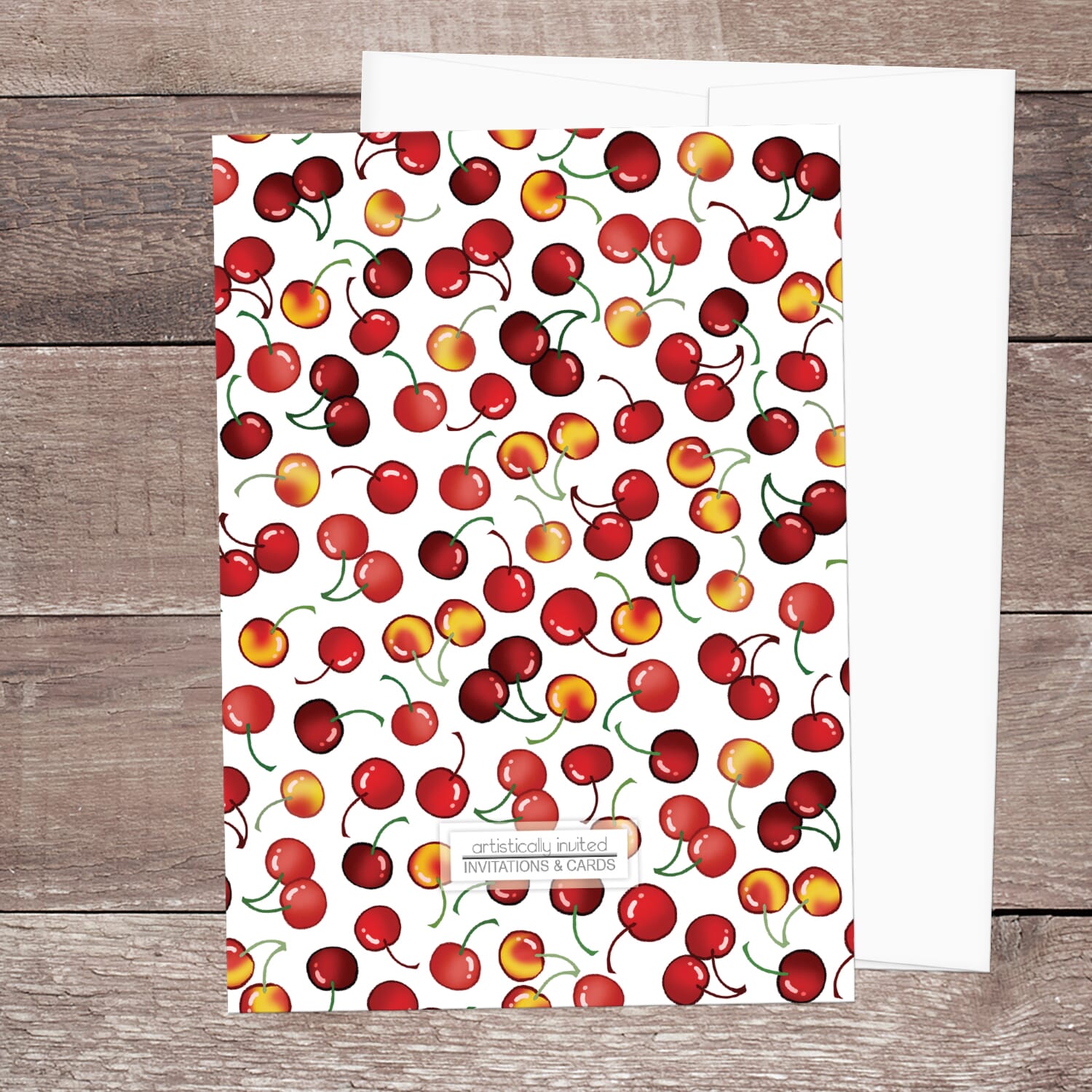 The back side of the Cherries Bridal Shower with the cherries pattern printed on the back when the printed invitations upgrade is purchased