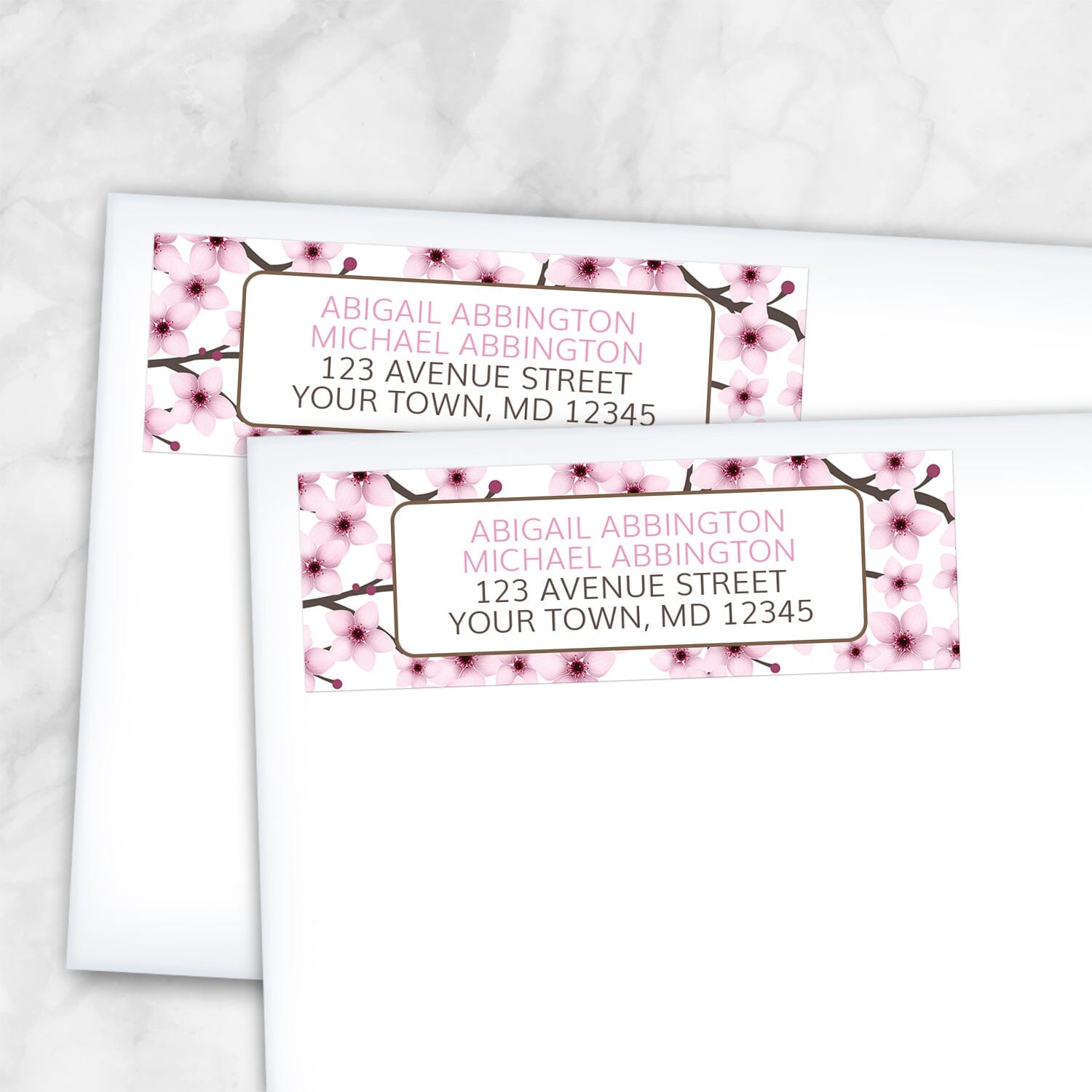 2 Cherry Blossom Address Labels shown on white envelopes