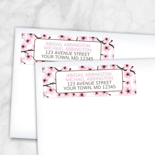2 Cherry Blossom Address Labels shown on white envelopes
