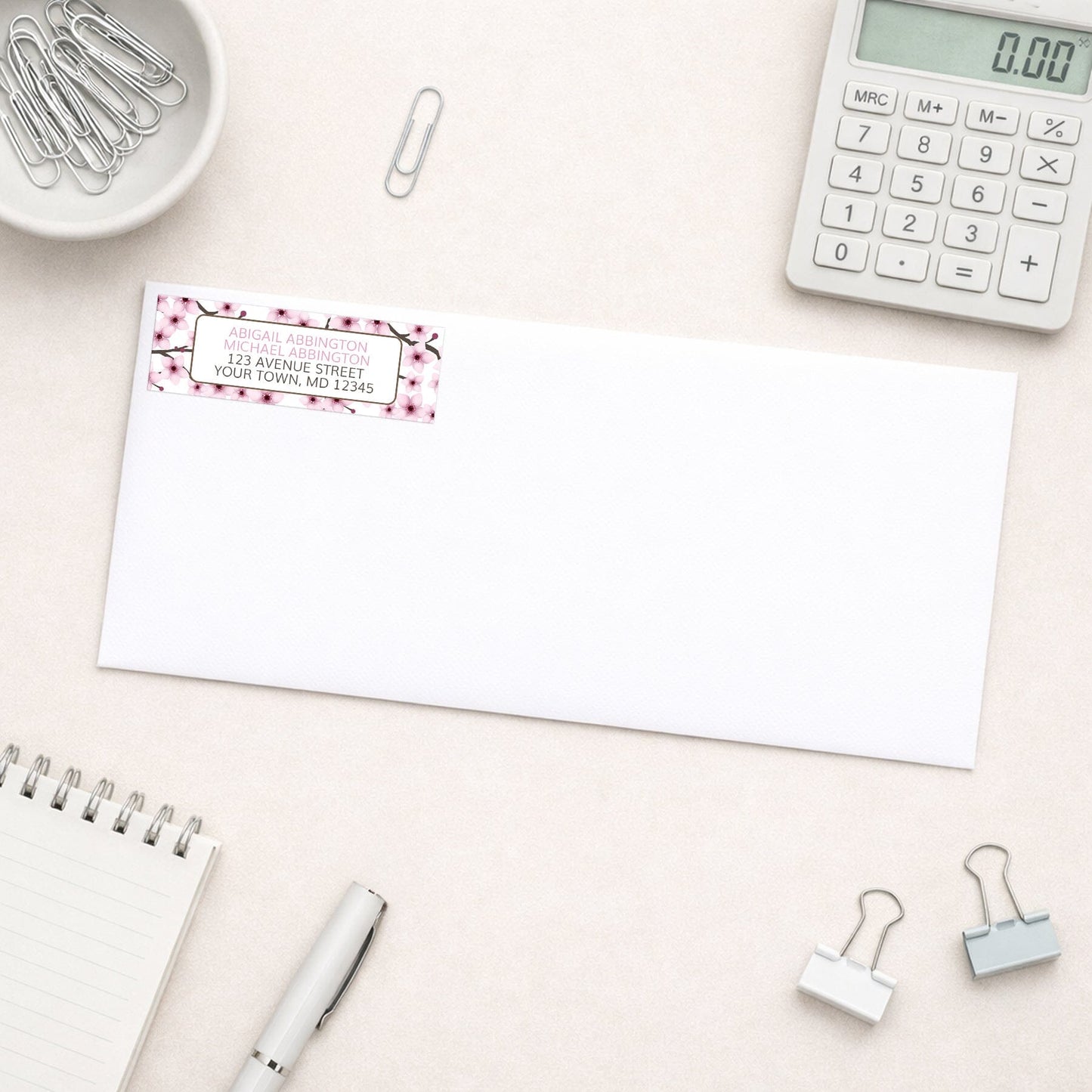 Cherry Blossom Address Label shown on a white envelope with office supplies