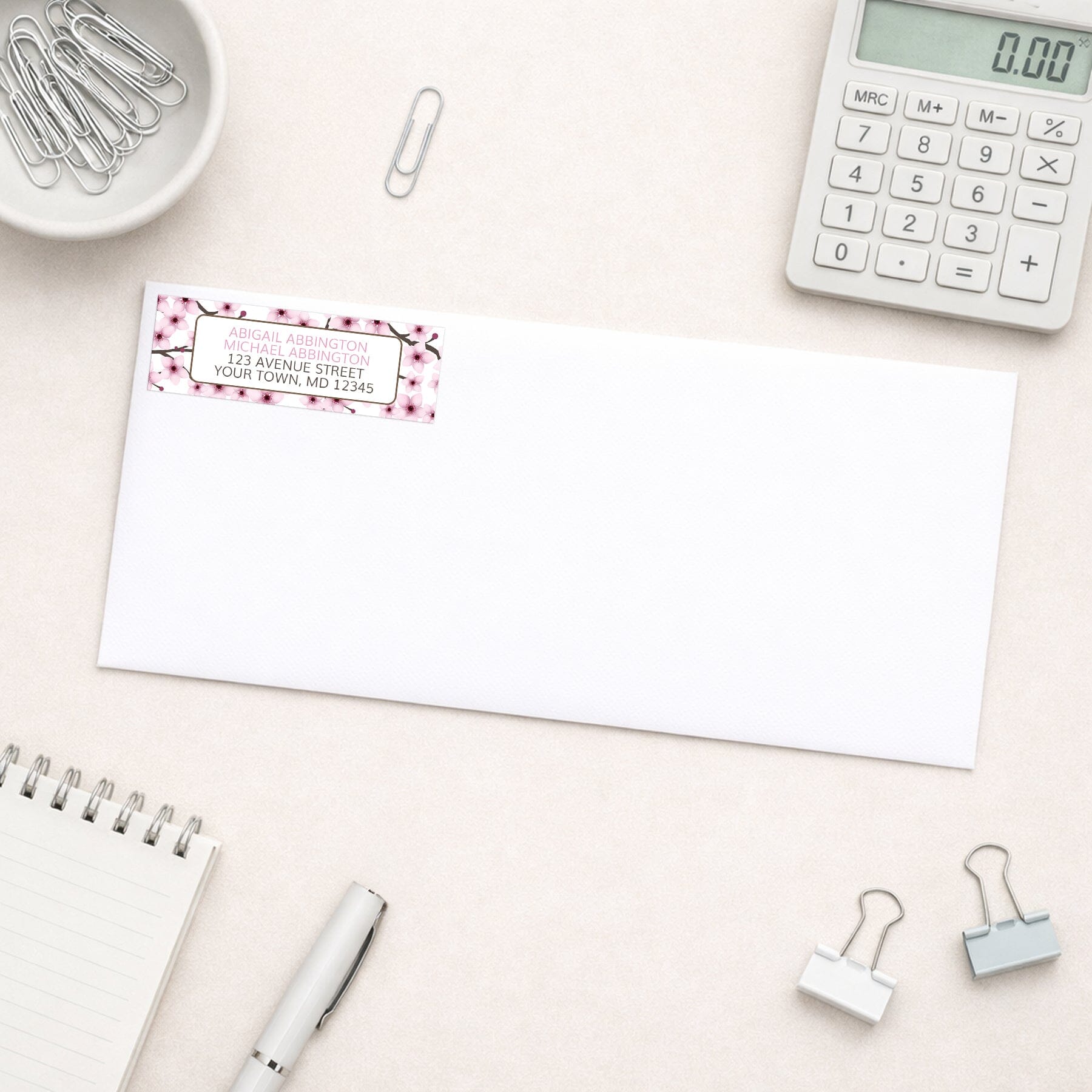 Cherry Blossom Address Label shown on a white envelope with office supplies