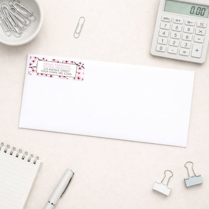 Cherry Blossom Address Label shown on a white envelope with office supplies