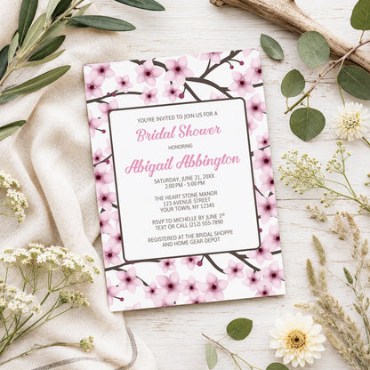 Cherry Blossom Bridal Shower Invitation shown on a light wooden surface with spring and summer plants.