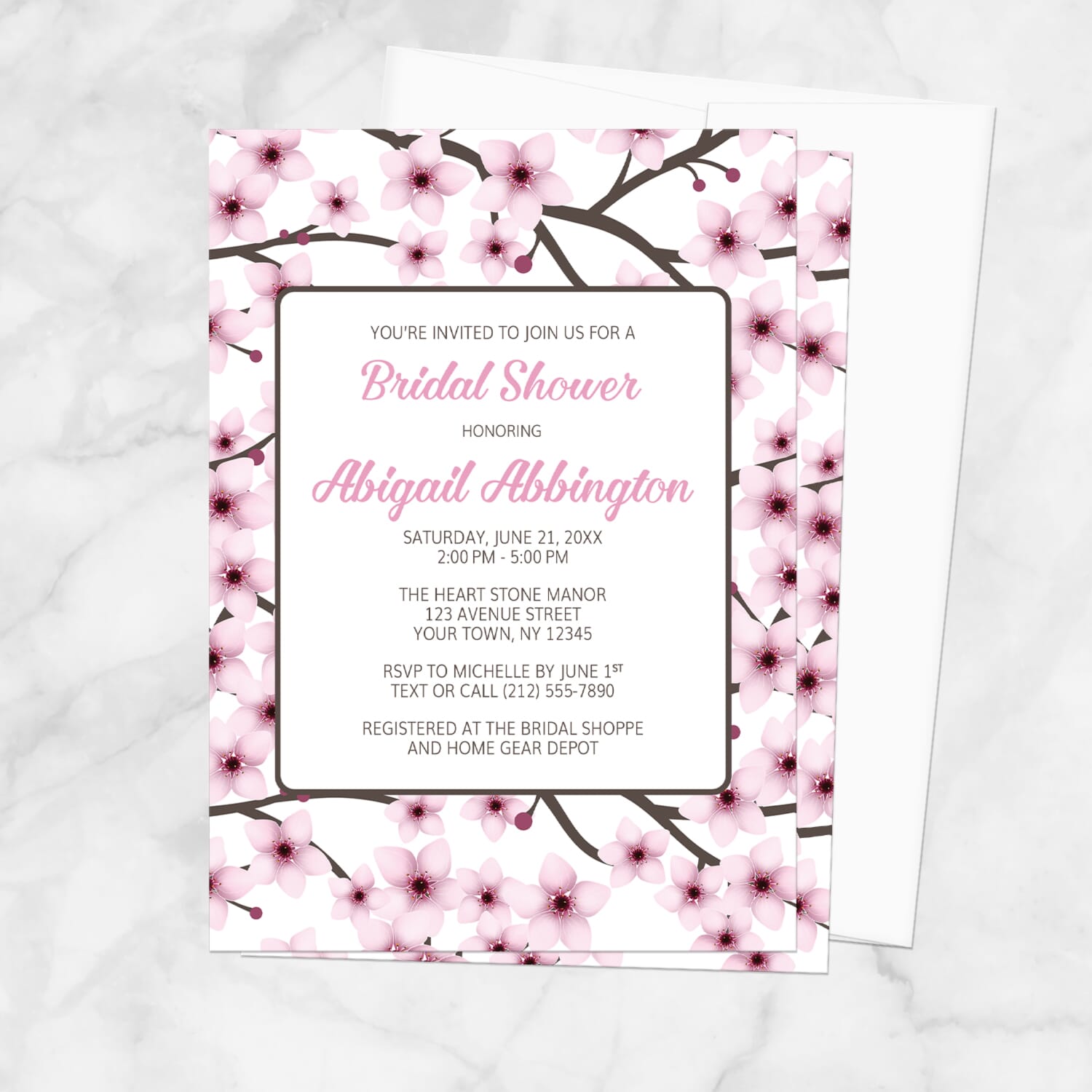 Bridal shower invitation with cherry blossom design on a white background