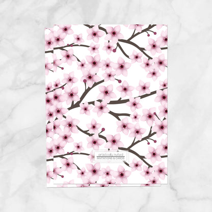 Backside of the bridal shower invitations with cherry blossom design when printed upgrade is chosen