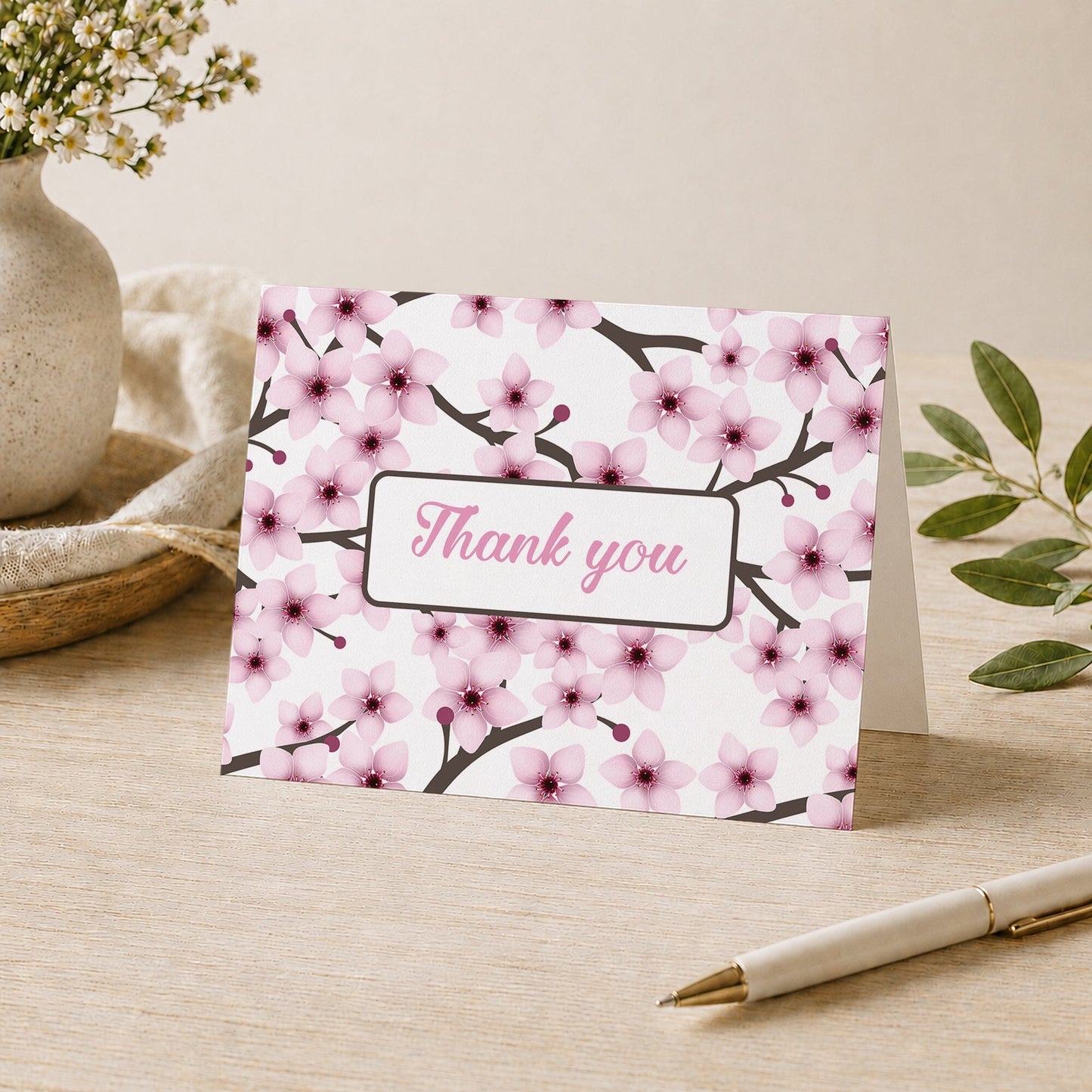 Cherry Blossom Thank You Card shown on a tabletop with a vase, plants, and a pen.