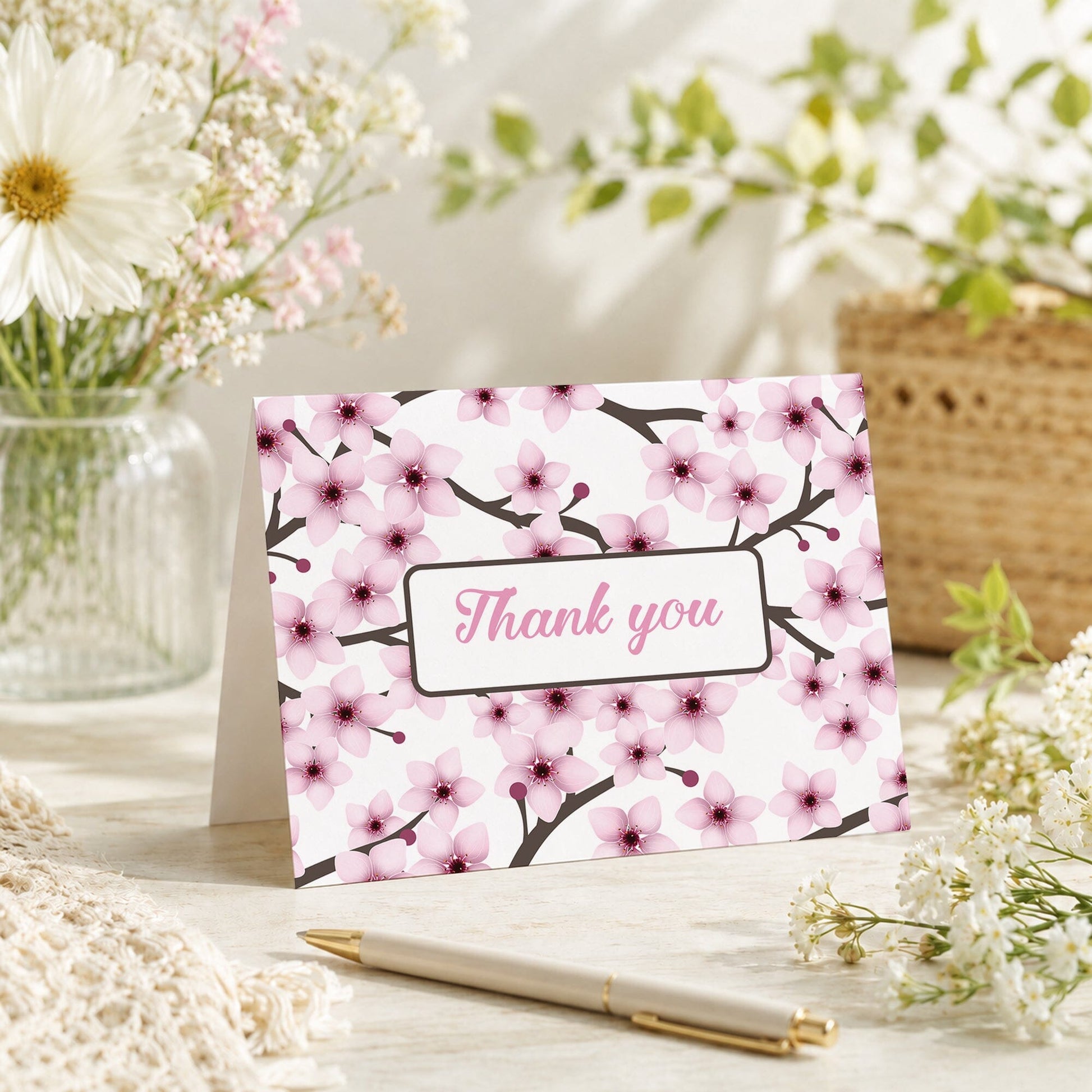 Cherry Blossom Thank You Card shown on a tabletop with a vase, spring and summer flowers, and a pen.