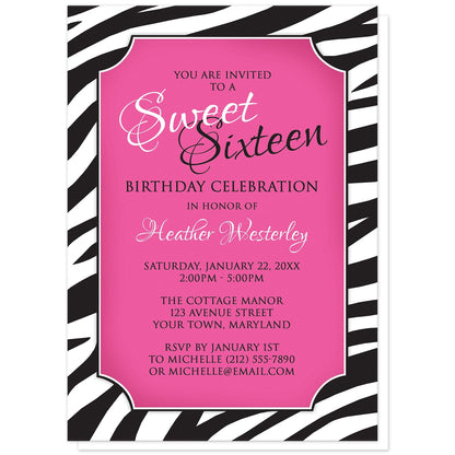 Chic Zebra Print Pink Sweet 16 Invitations at Artistically Invited. Modern and chic zebra print pink sweet 16 invitations with your personalized 16th birthday party details custom printed in black and white over a bold pink area in the center, above a black and white zebra stripes pattern. 