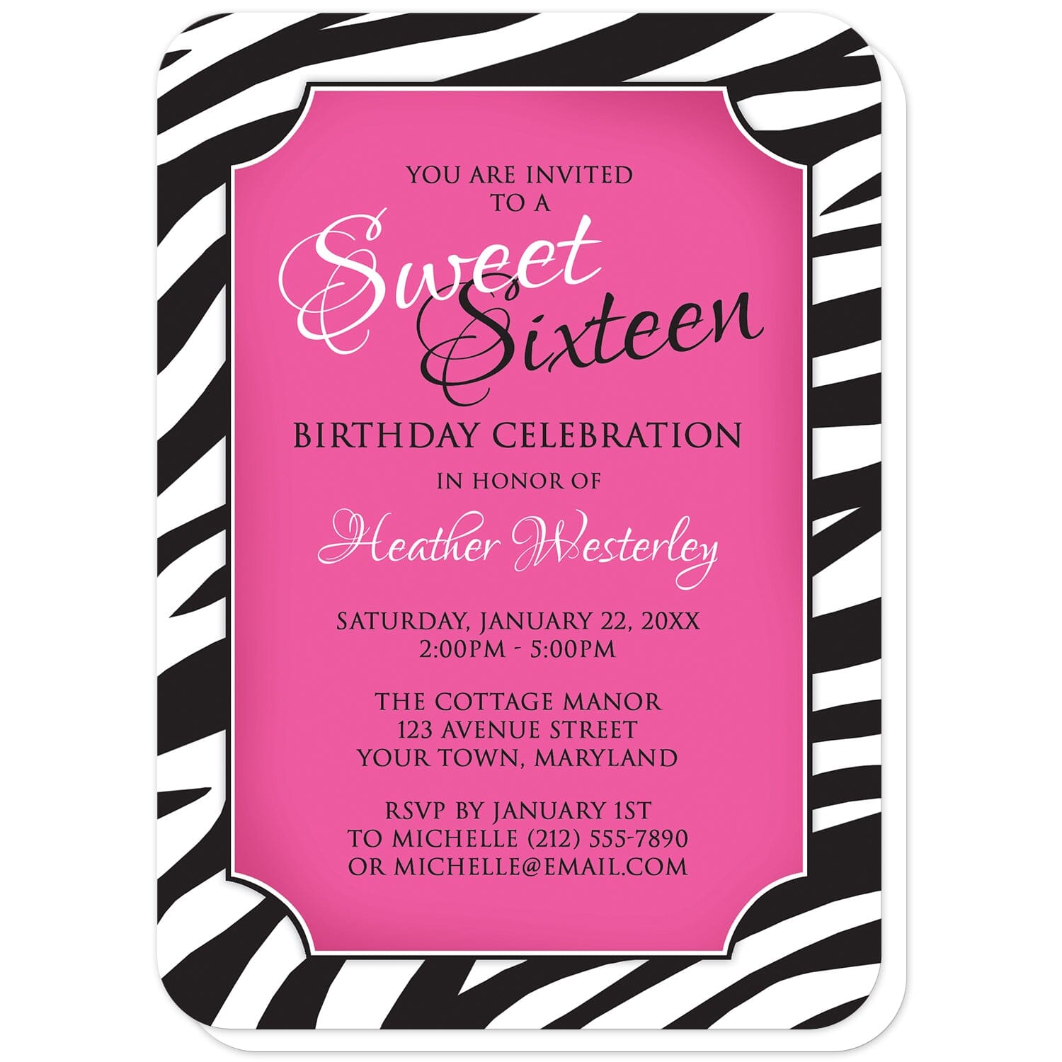 Chic Zebra Print Pink Sweet 16 Invitations (with rounded corners) at Artistically Invited. Modern and chic zebra print pink sweet 16 invitations with your personalized 16th birthday party details custom printed in black and white over a bold pink area in the center, above a black and white zebra stripes pattern. 