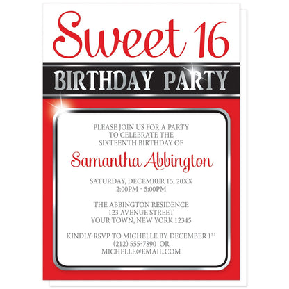 Classy Red and Silver Sweet 16 Birthday Party Invitations at Artistically Invited. Modern and classy red and silver sweet 16 invitations in a red, black and silver-colored design. These sweet sixteen invitations have the occasion title at the top in red and a silver-colored design and your personalized party details are custom printed in gray and red inside a white frame with rounded corners. This frame design is outlined in black and a silver-color over a red background. 