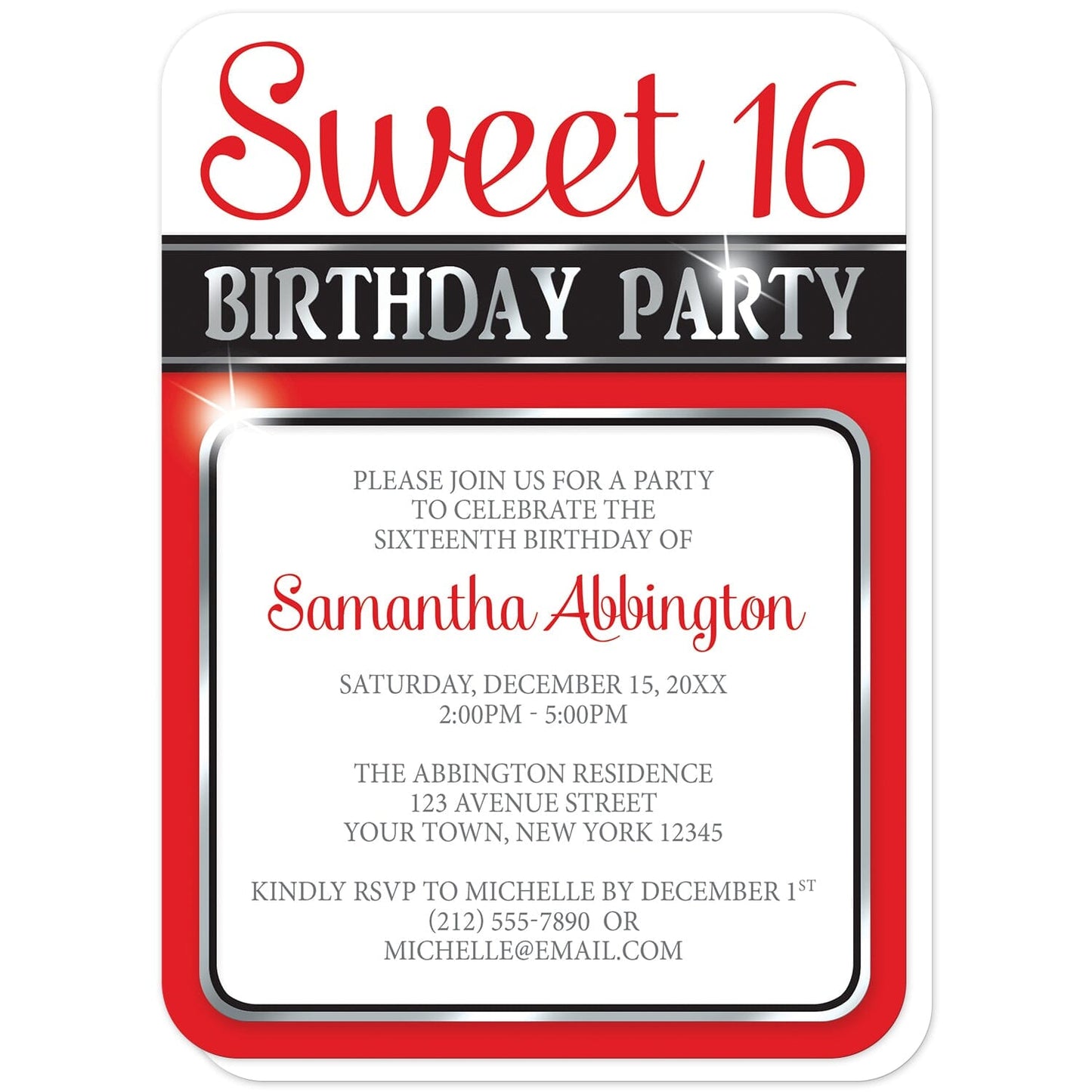 Classy Red and Silver Sweet 16 Birthday Party Invitations (with rounded corners) at Artistically Invited. Modern and classy red and silver sweet 16 invitations in a red, black and silver-colored design. These sweet sixteen invitations have the occasion title at the top in red and a silver-colored design and your personalized party details are custom printed in gray and red inside a white frame with rounded corners. This frame design is outlined in black and a silver-color over a red background. 