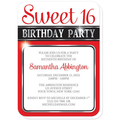 Classy Red and Silver Sweet 16 Birthday Party Invitations (with rounded corners) at Artistically Invited. Modern and classy red and silver sweet 16 invitations in a red, black and silver-colored design. These sweet sixteen invitations have the occasion title at the top in red and a silver-colored design and your personalized party details are custom printed in gray and red inside a white frame with rounded corners. This frame design is outlined in black and a silver-color over a red background. 
