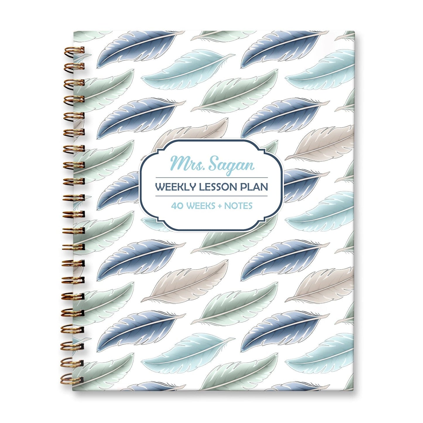 Personalized Coastal Feathers Weekly Lesson Plan Book at Artistically Invited. Hardcover planner book for teachers or homeschooling.
