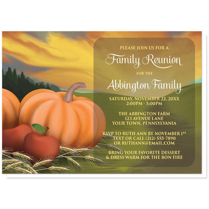Country Autumn Harvest Family Reunion Invitations at Artistically Invited. Country autumn harvest family reunion invitations designed with pumpkins, apples, and hay stems in a country farm or open fields illustration. Your personalized reunion celebration details are printed in white and yellow over a darker area over the scene to the right of the harvest. 