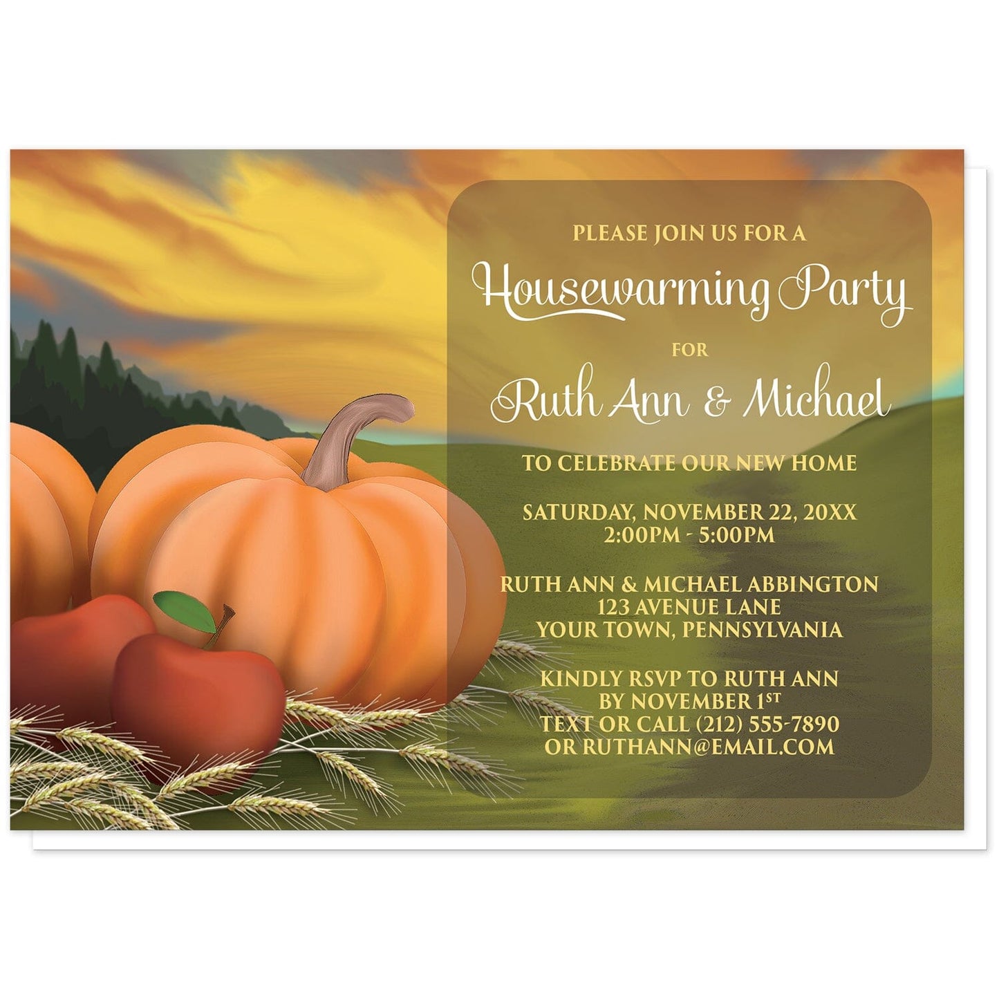 Country Autumn Harvest Housewarming Invitations at Artistically Invited. Country autumn harvest housewarming invitations designed with pumpkins, apples, and hay stems in a country farm or open fields illustration. Your personalized housewarming details are custom printed in white and yellow over a darker area over the scene to the right of the harvest.