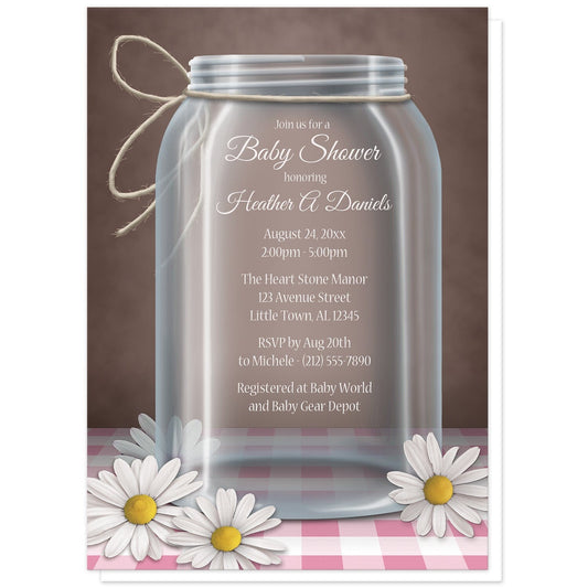 Country Mason Jar Daisy Gingham Baby Shower Invitations at Artistically Invited. Country mason jar daisy gingham baby shower invitations with an illustration of a glass mason jar with twine tied around the neck of it, and white and yellow daisies laying at the base of the jar on a pink gingham tabletop and over a vintage brown background. Your personalized baby shower celebration details are custom printed in white within the mason jar illustration.