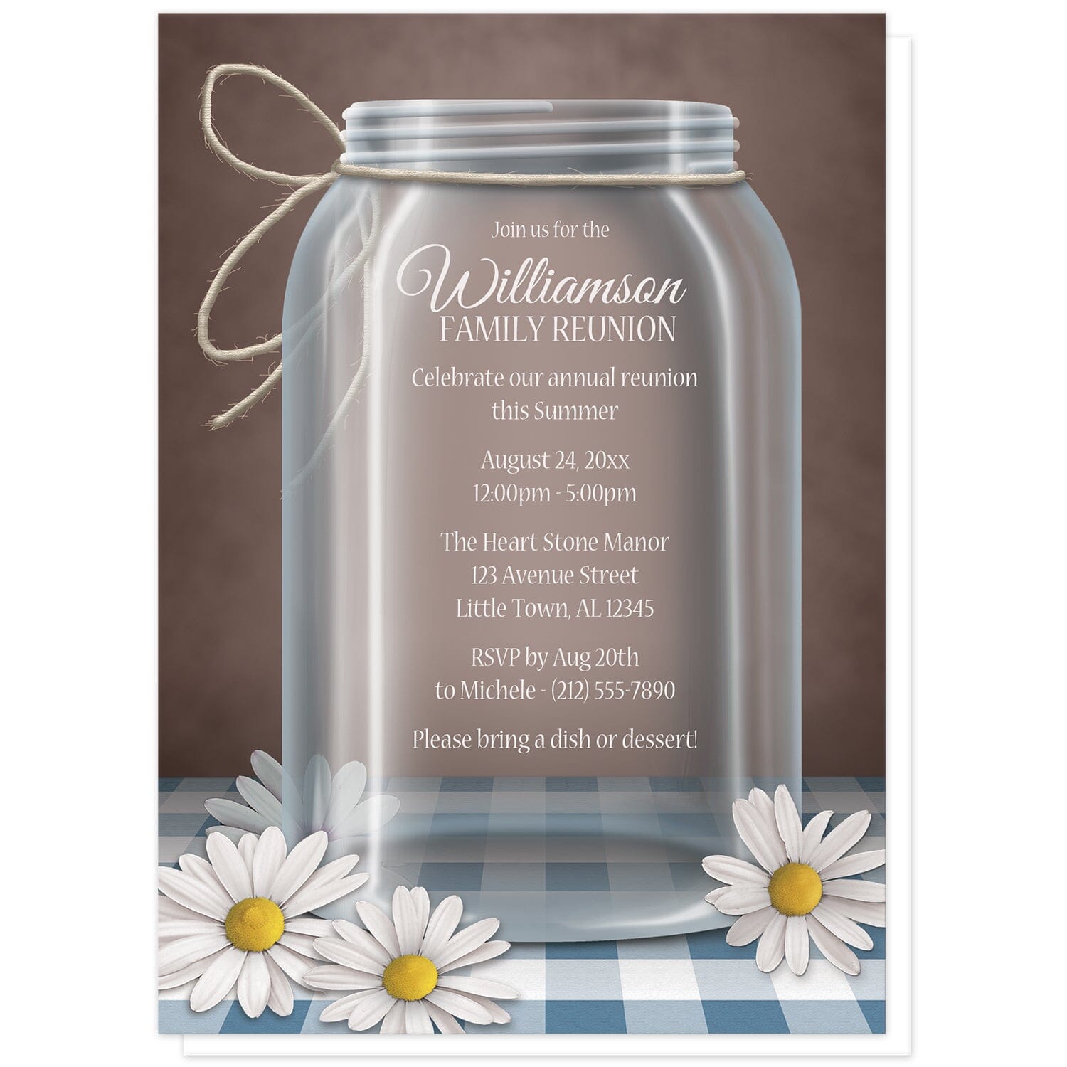 Country Mason Jar Daisy Gingham Family Reunion Invitations at Artistically Invited. Country mason jar daisy gingham family reunion invitations with an illustration of a glass mason jar with twine tied around the neck of it, and white and yellow daisies laying at the base of the jar on a blue gingham tabletop and over a vintage brown background. Your personalized reunion celebration details are custom printed in white within the mason jar illustration.
