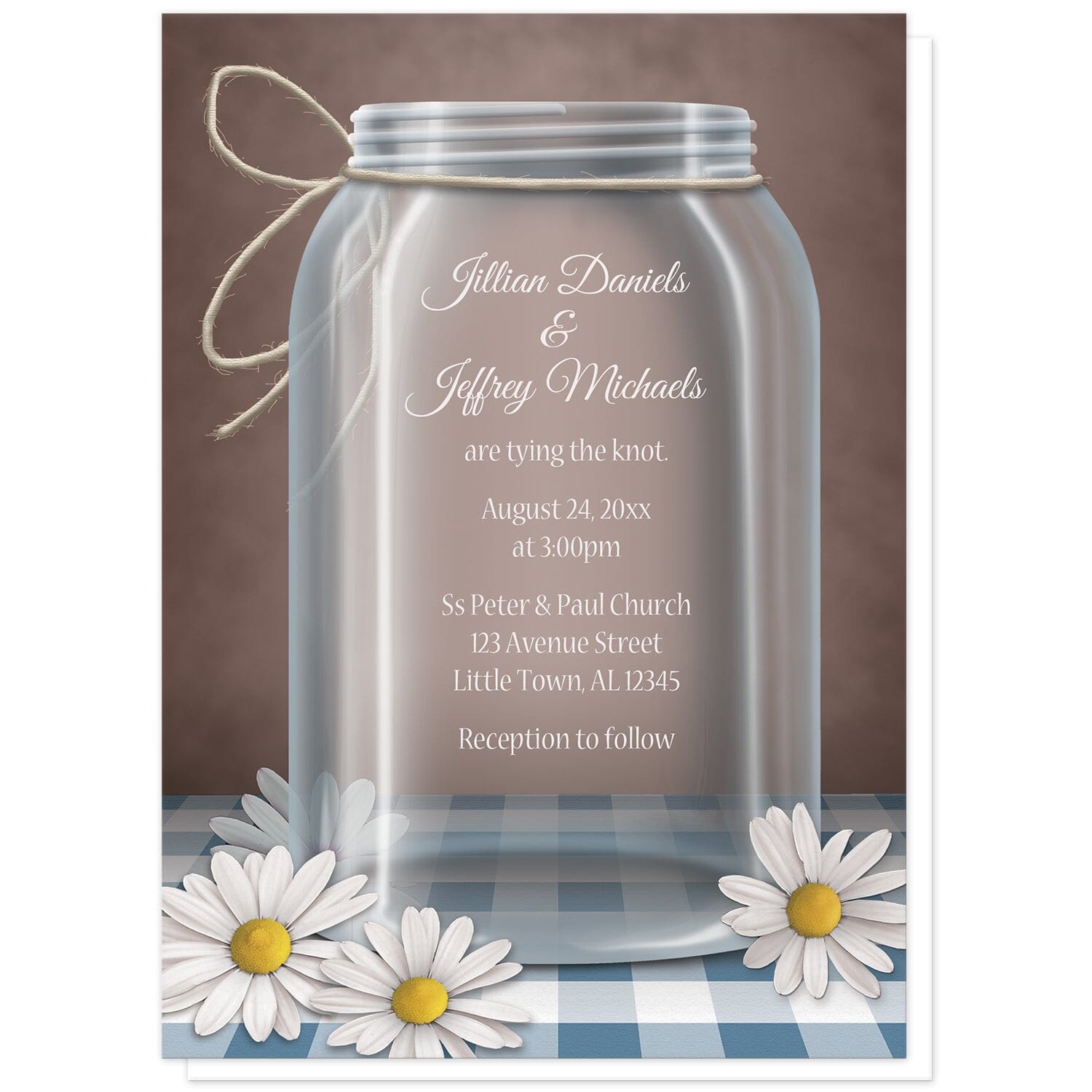 Country Mason Jar Daisy Gingham Wedding Invitations at Artistically Invited. Country mason jar daisy gingham wedding invitations featuring a beautiful illustration of a glass mason jar with twine tied around the neck of it. White daisies are scattered, laying at the base of the jar on a blue gingham table top over a vintage brown background design. 