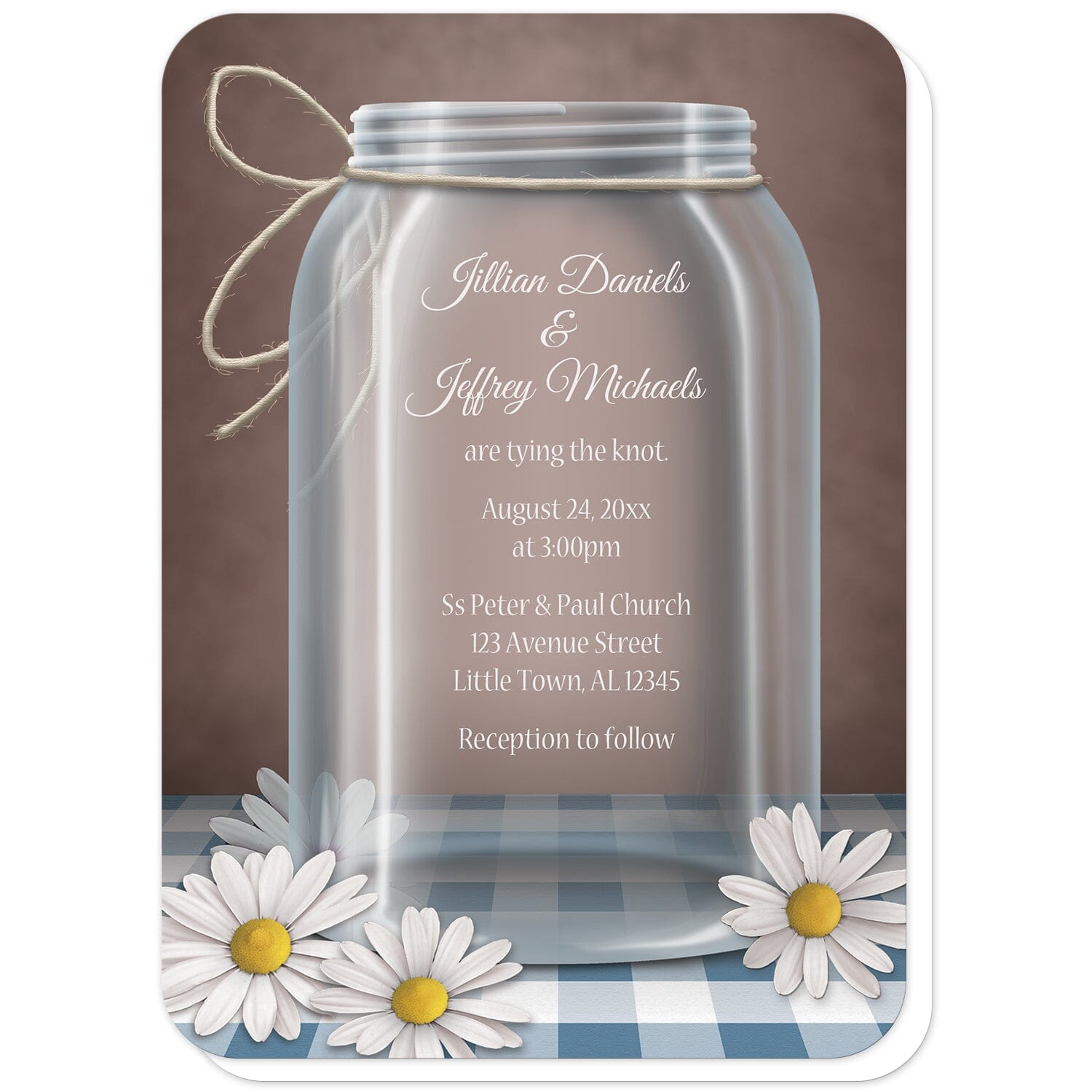 Country Mason Jar Daisy Gingham Wedding Invitations (with rounded corners) at Artistically Invited. Country mason jar daisy gingham wedding invitations featuring a beautiful illustration of a glass mason jar with twine tied around the neck of it. White daisies are scattered, laying at the base of the jar on a blue gingham table top over a vintage brown background design. 
