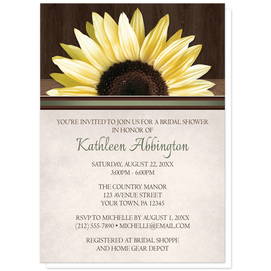 Country Sunflower Over Wood Rustic Bridal Shower Invitations at Artistically Invited. Country sunflower over wood rustic bridal shower invitations with a lovely big yellow sunflower on a rustic dark brown wood pattern along the top. Your personalized bridal shower celebration details are elegantly printed in green and brown above a beige parchment background below the sunflower. 