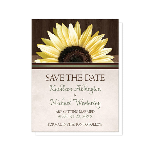 Country Sunflower Over Wood Rustic Save the Date Cards at Artistically Invited. Country sunflower over wood rustic save the date cards with a lovely big yellow sunflower over a rustic dark brown wood pattern along the top above a beige parchment background illustration. Your personalized wedding announcement details are elegantly printed in green and brown below the sunflower. 