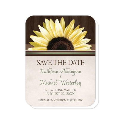 Country Sunflower Over Wood Rustic Save the Date Cards (with rounded corners) at Artistically Invited. Country sunflower over wood rustic save the date cards with a lovely big yellow sunflower over a rustic dark brown wood pattern along the top above a beige parchment background illustration. Your personalized wedding announcement details are elegantly printed in green and brown below the sunflower. 