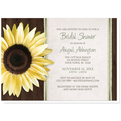 Country Sunflower Wood Brown Green Bridal Shower Invitations at Artistically Invited. Country sunflower wood brown green bridal shower invitations in a floral southern style, with a big yellow sunflower over a dark brown wood pattern illustration on the left side. Your personalized bridal shower celebration details are custom printed in green and brown over a beige parchment design to the right of the sunflower, outlined vertically by burlap strips and green stripes.