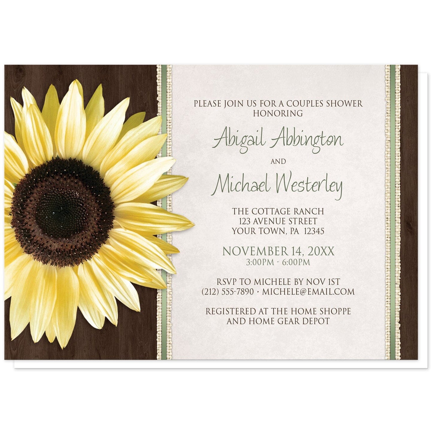 Country Sunflower Wood Brown Green Couples Shower Invitations at Artistically Invited. Country sunflower wood brown green couples shower invitations in a floral southern style, with a big yellow sunflower over a dark brown wood pattern illustration on the left side. Your personalized wedding shower celebration details are custom printed in green and brown over a beige parchment design to the right of the sunflower, outlined vertically by burlap strips and green stripes.
