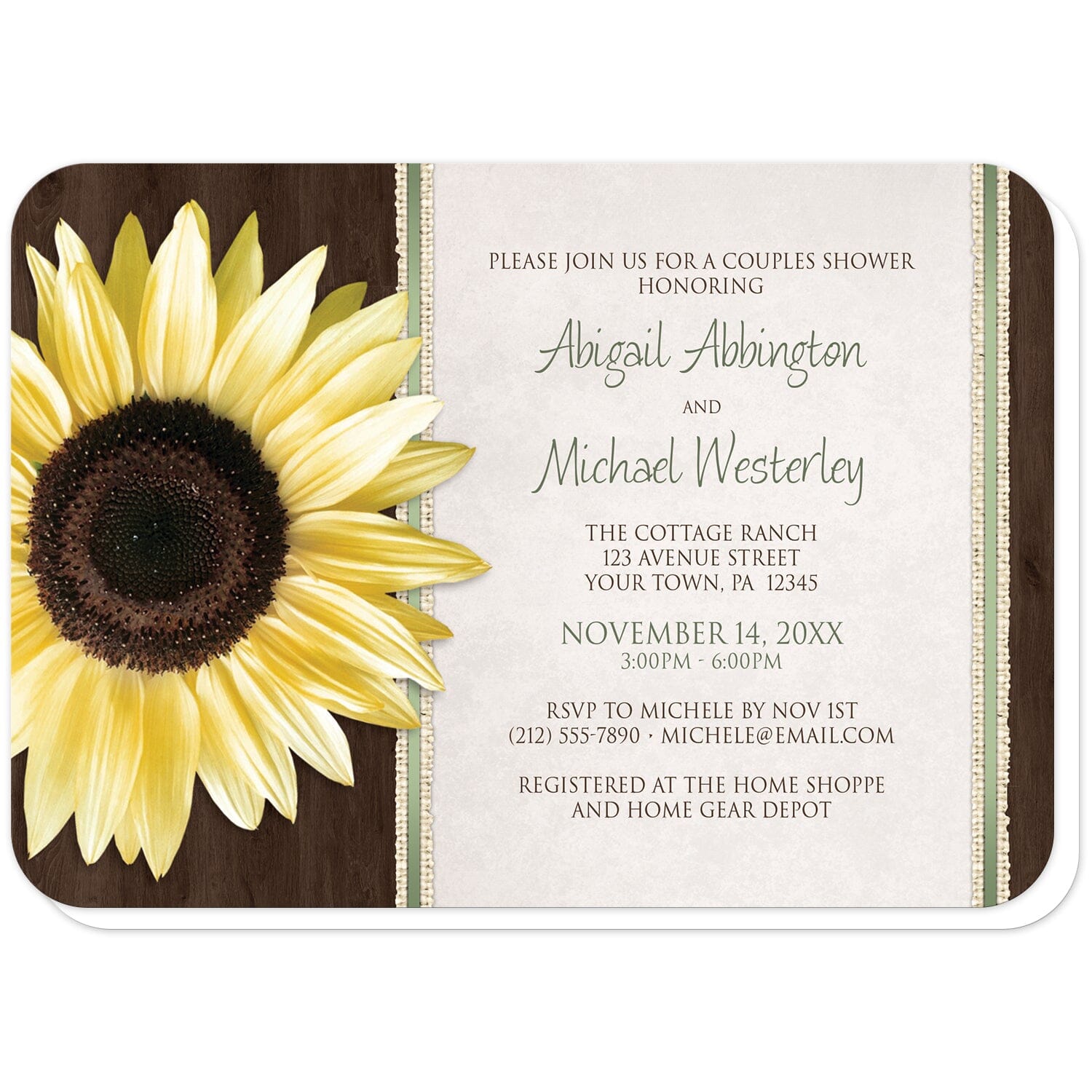 Country Sunflower Wood Brown Green Couples Shower Invitations (with rounded corners) at Artistically Invited. Country sunflower wood brown green couples shower invitations in a floral southern style, with a big yellow sunflower over a dark brown wood pattern illustration on the left side. Your personalized wedding shower celebration details are custom printed in green and brown over a beige parchment design to the right of the sunflower, outlined vertically by burlap strips and green stripes.