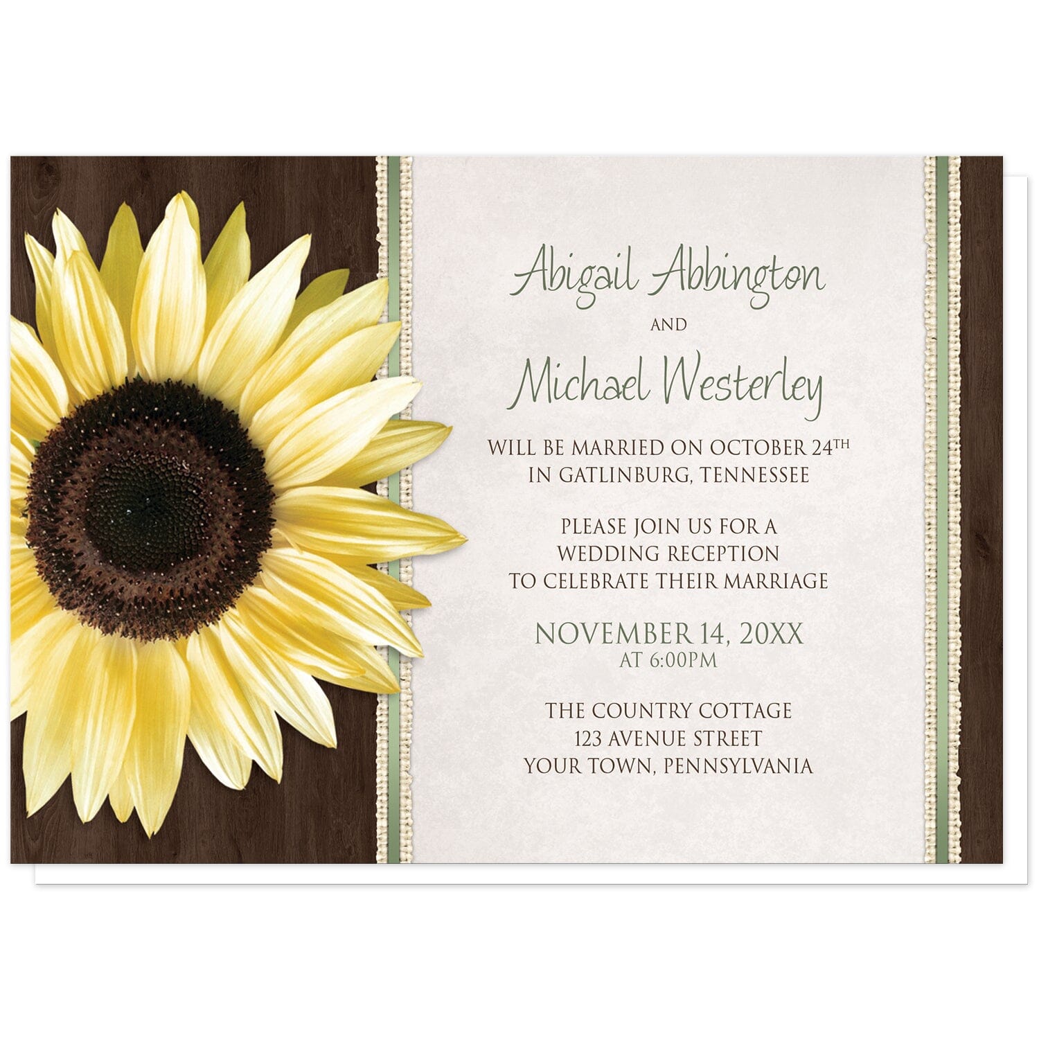 Country Sunflower Wood Brown Green Reception Only Invitations at Artistically Invited. Country sunflower wood brown green reception only invitations in a floral southern style, with a big yellow sunflower over a dark brown wood pattern illustration on the left side. Your personalized post-wedding reception celebration details are custom printed in green and brown over a beige parchment design to the right of the sunflower, outlined vertically by burlap strips and green stripes.