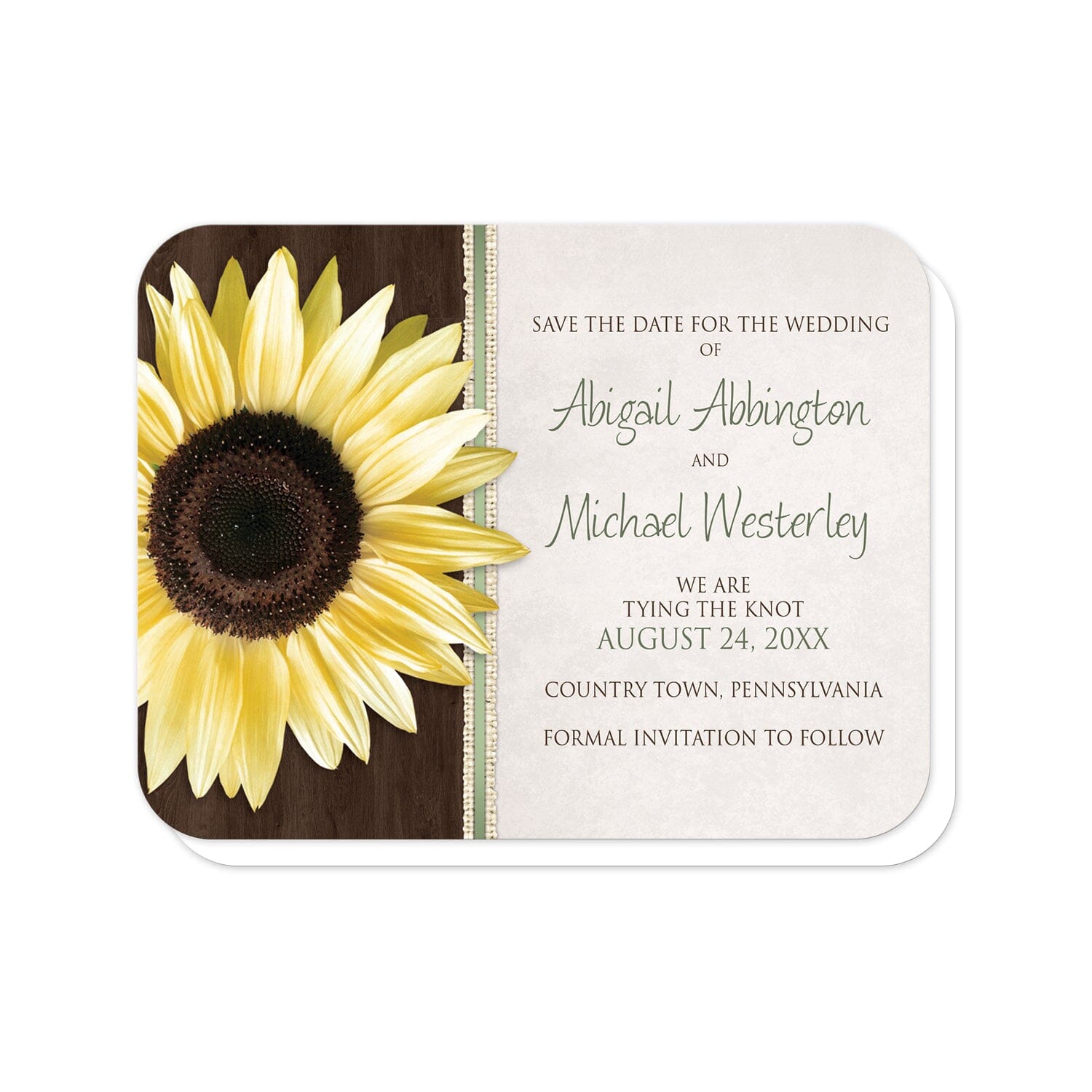 Country Sunflower Wood Brown Green Save the Date Cards (with rounded corners) at Artistically Invited. Country sunflower wood brown green save the date cards in a floral southern style, with a big yellow sunflower over a dark brown wood pattern illustration on the left side with burlap strips and green stripes beside it. Your personalized wedding announcement details are custom printed in green and brown over a beige parchment design to the right of the sunflower.