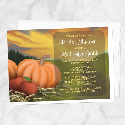 Country Autumn Harvest Bridal Shower Invitation with pumpkins and apples shown on a marble surface with a white envelope.