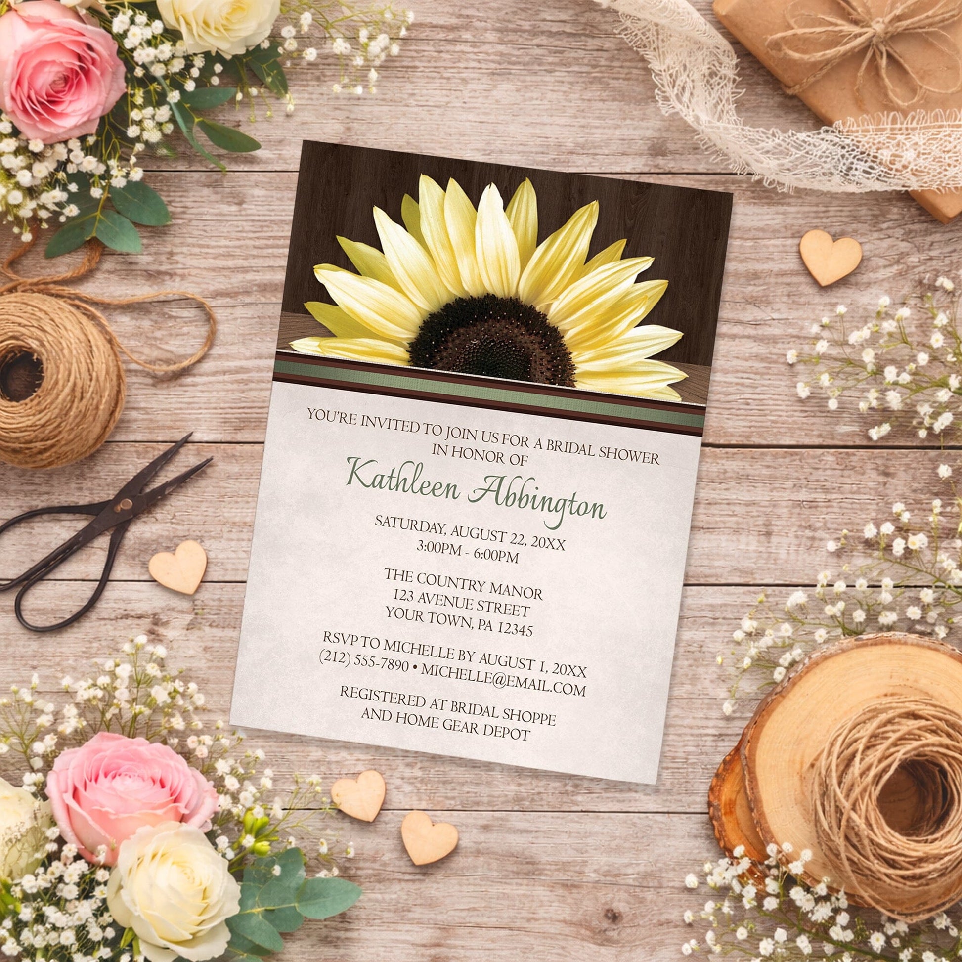 Country Sunflower Over Wood Rustic Bridal Shower Invitation shown on a country-inspired wooden surface with summer flowers, small wood hearts, and twine.