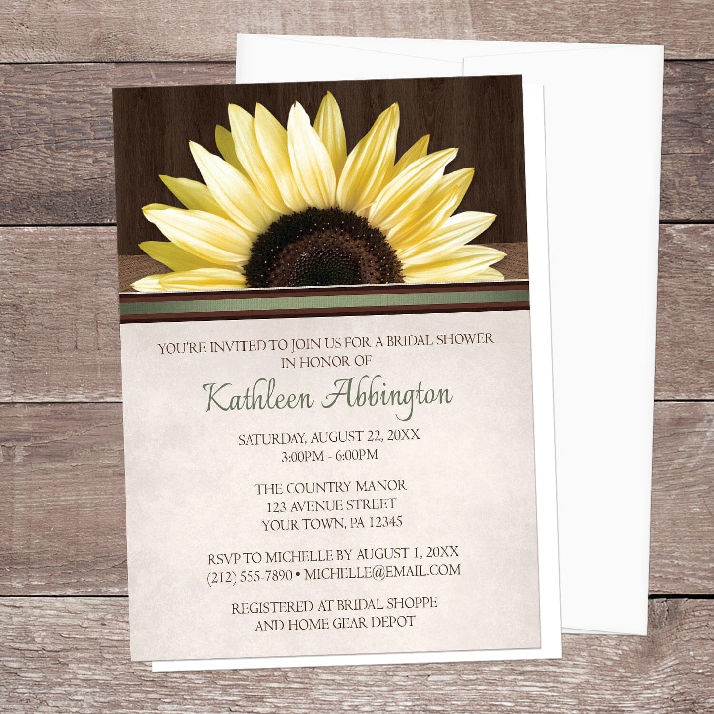 Country Sunflower Over Wood Rustic Bridal Shower Invitation shown on a wooden surface with a white envelope.