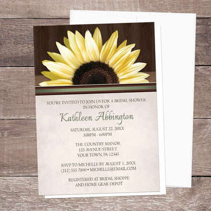 Country Sunflower Over Wood Rustic Bridal Shower Invitation shown on a wooden surface with a white envelope.